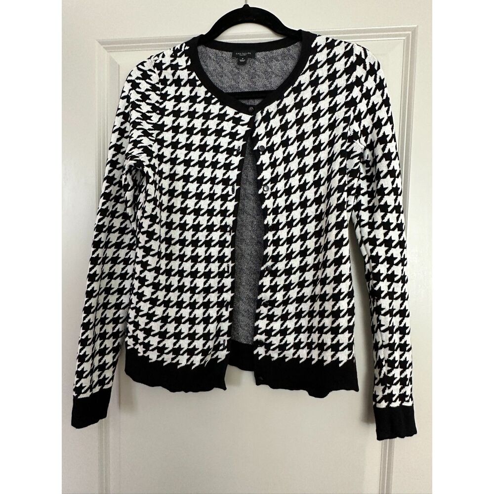 Ann Taylor Factory Black White Patterned Cardigan Sweater Women's Sz Medium